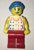 LEGO col268 Musician - Female, White Top with Rainbow Stars, Red Legs, Dark Azure Ponytail and Swept Sideways Fringe, Blue Lips