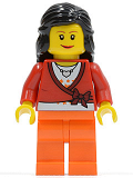 LEGO cty0149 Sweater Cropped with Bow, Heart Necklace, Orange Legs, Black Female Hair Mid-Length