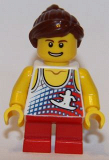 LEGO gen061 Tank Top with Surfer Silhouette, Red Short Legs, Reddish Brown Ponytail and Swept Sideways Fringe (4000014)