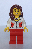 LEGO hol022 White Lace Blouse with Red Side Panels and Ruby Necklace, Red Legs, Reddish Brown Female Hair over Shoulder, Black Eyebrows