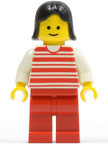 LEGO hor029 Horizontal Lines Red - White Arms - Red Legs, Black Female Hair