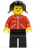 LEGO jred021 Jacket Red with Zipper - Red Arms - Black Legs, Black Pigtails Hair