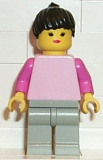 LEGO par040 Plain Pink Torso with Dark Pink Arms, Light Gray Legs, Black Ponytail Hair