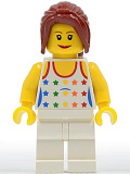 LEGO twn078 Shirt with Female Rainbow Stars Pattern, White Legs, Dark Red Hair Ponytail Long with Side Bangs