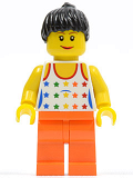 LEGO twn114 Shirt with Female Rainbow Stars Pattern, Orange Legs, Black Ponytail Hair
