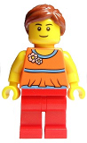 LEGO twn172 Orange Halter Top with Medium Blue Trim and Flowers Pattern, Red Legs, Reddish Brown Ponytail and Swept Sideways Fringe